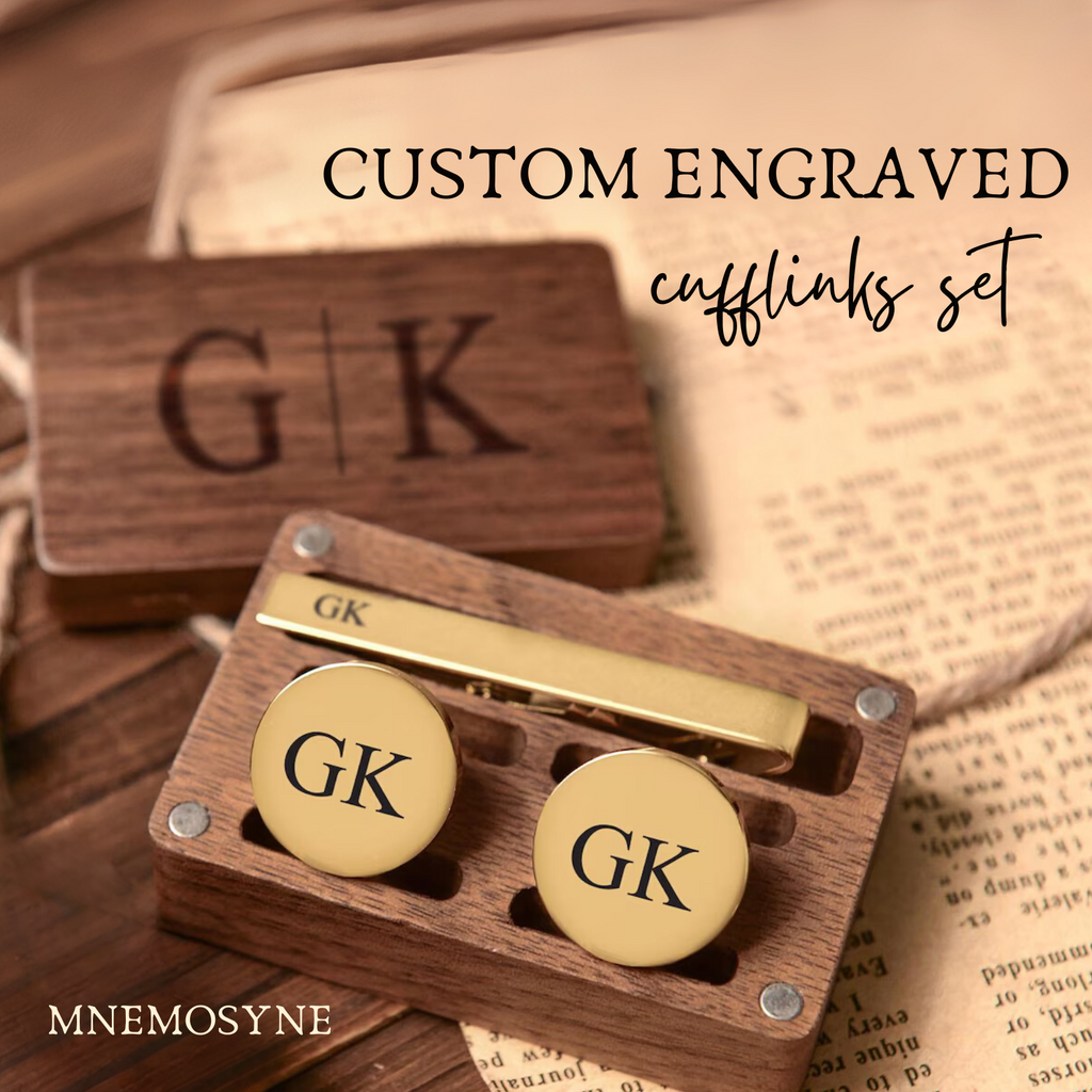 Custom engraved cufflinks set with wooden case on a textured surface